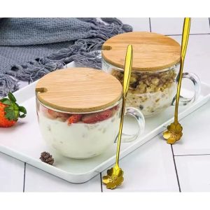 Glass cup with bamboo lid +spoon