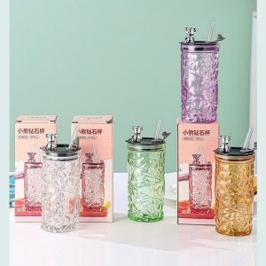 Diamond Glass cup with glass straw